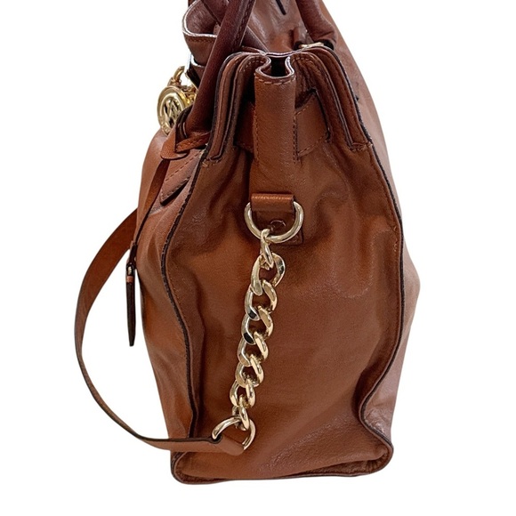 Michael MICHAEL East West Brown Leather With Gold Lock Shoulder Bag Satchel Tote - Picture 5 of 11